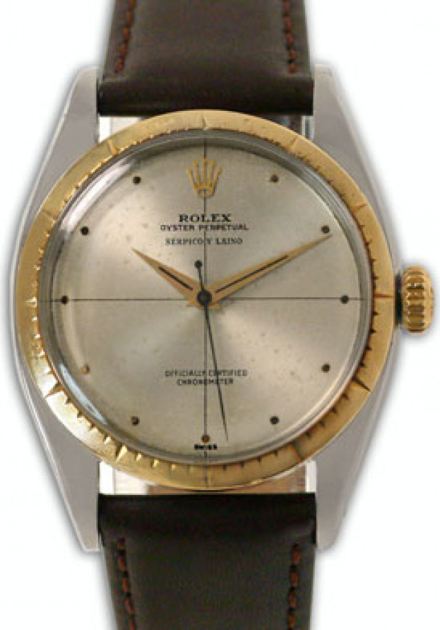 Rolex 6582 Yellow Gold & Steel on Strap, Engine Turned Bezel Steel with Gold Dots